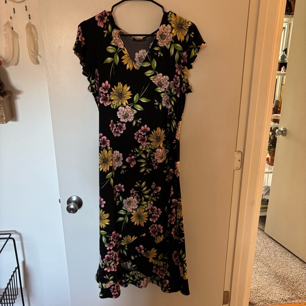Rafaella Black Midi Dress with Yellow and Pink Floral Design